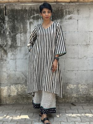 Black white striped cotton kurta