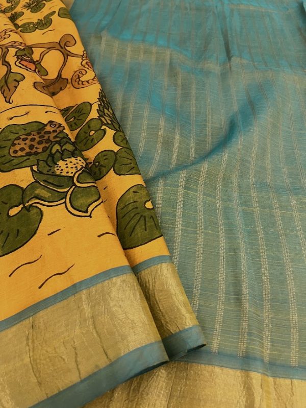 Kalpataru yellow lotus pond handpainted kalamkari silk saree
