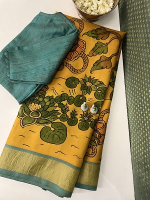 Kalpataru yellow lotus pond handpainted kalamkari silk saree