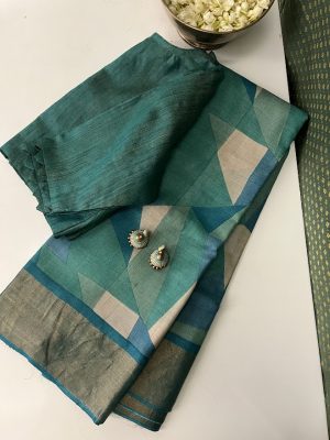 Maya Teal triangle handprinted tussar saree