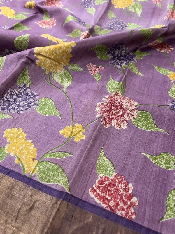 Maya lilac multicolour floral handprinted tussar saree 4
