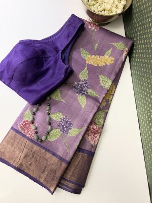 Maya lilac multicolour floral handprinted tussar saree