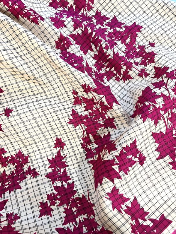Mila beige pink checked maple leaf printed kanchi silk saree