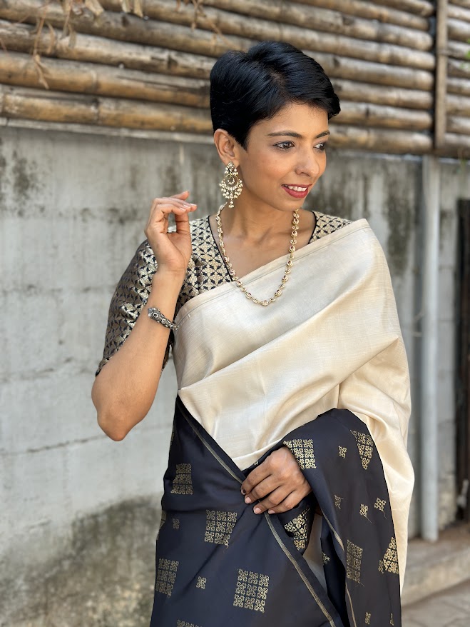 Ranya black cream korvai kanchipuram silk saree