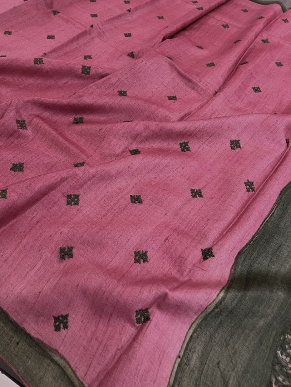 Tushara pink green kutch embroidered tussar saree
