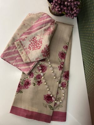 Veena beige pink floral printed tussar saree 3