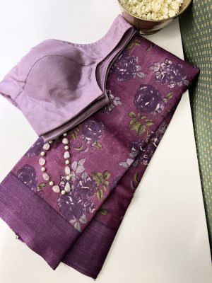 Veena deep purple floral handprinted tussar saree