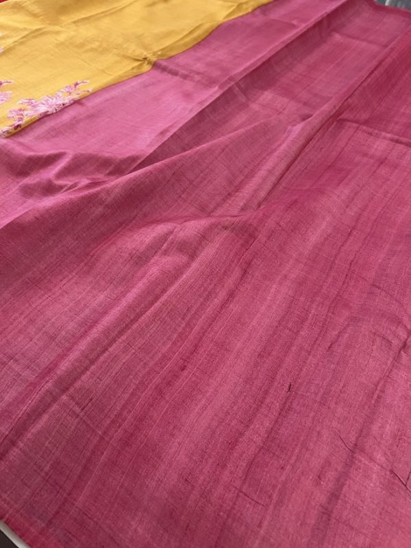 Veena mustard pink floral handprinted tussar saree