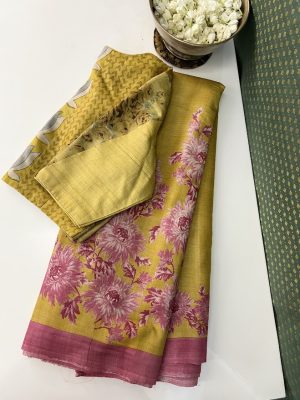 Veena mustard pink floral handprinted tussar saree