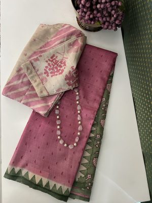 Veena pink green box print tussar saree 4