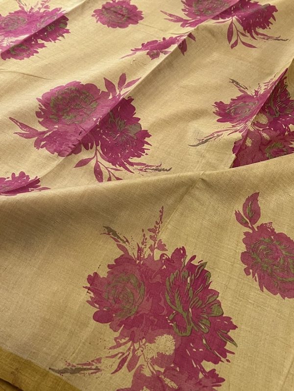 Veena yellow floral handprinted tussar saree