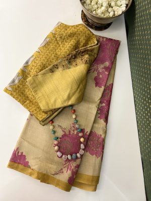 Veena yellow floral handprinted tussar saree