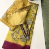 Veena yellow magenta handprinted tussar saree