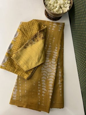 Veena yellow tie dye floral handprinted tussar saree