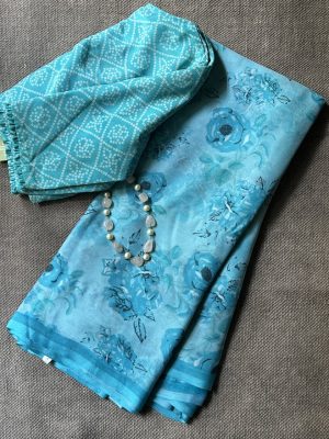 Blue floral chiffon saree