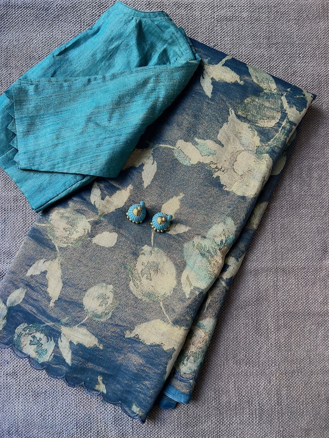 Blue floral tissue silk saree