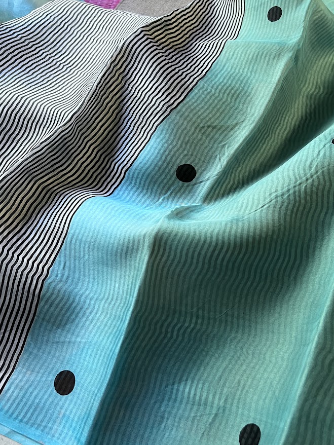 Nisha blue dot and stripe organza printed saree